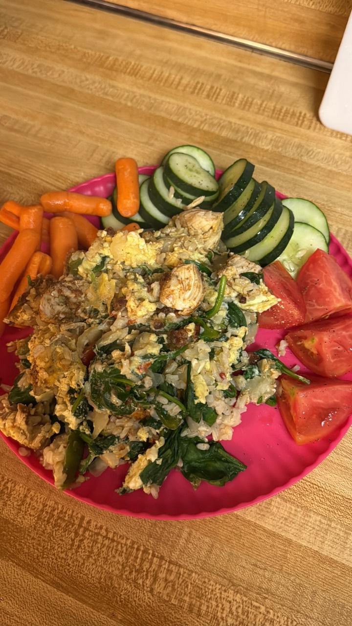 Chicken, greens and vegetables on a plate